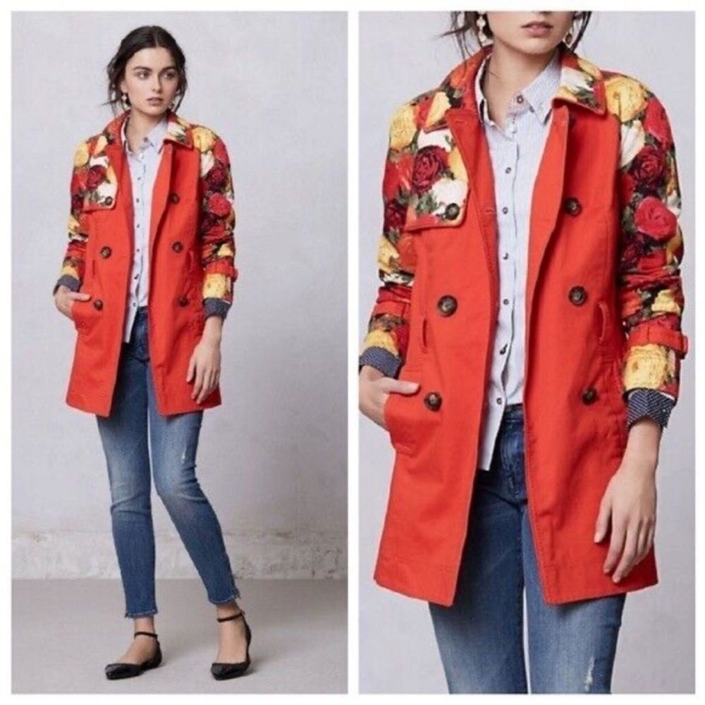 Anthropology Elevenses Floral Modern Trench Coat